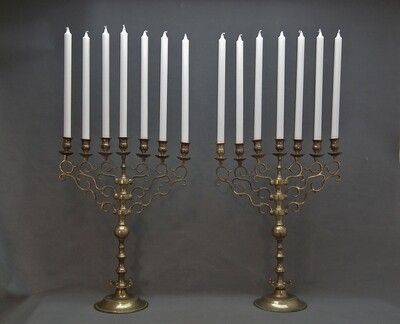 Antique Judaica 19th Century Pair of Polish Large Brass Jewish Menorah