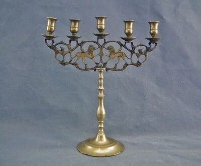 Antique Polish Jewish Brass 5 Light Sabbath Candelabra 19th Century Po
