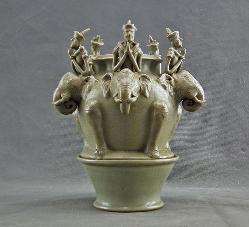 Antique Southeast Asian Celadon Ceramic Figural Jar