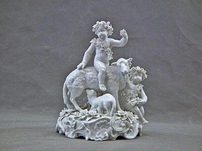 Antique Capodimonte Cozzi Figural Group Putti w Sheep White Porcelaine