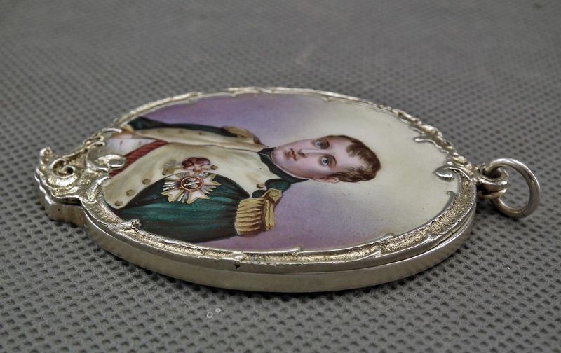 Antique Napoleonic Enamel Miniature Portrait Napoleon In Silver