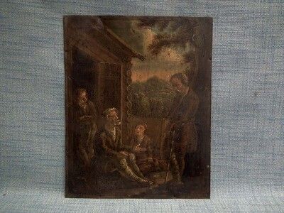 Antique 19th Century Russian Oil Painting Peasant at House