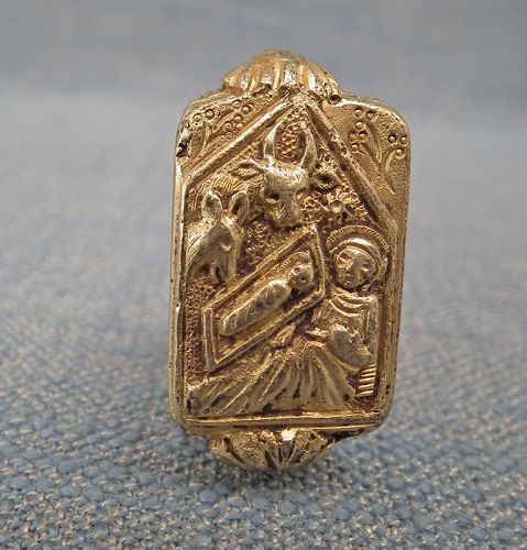 Antique Medieval 15th Century Gilt Bronze Papal Ring With Nativity