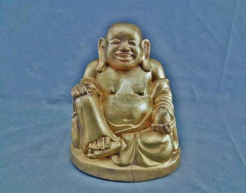 Antique Chinese Qing Dynasty Gilt Wood Laughing Buddha Budai Figure