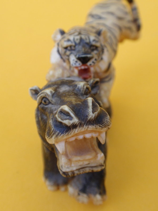 Japanese Ivory Okimono carving tiger &amp; hippopotamus