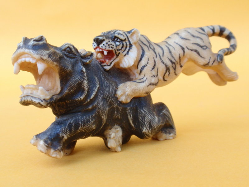 Japanese Ivory Okimono carving tiger &amp; hippopotamus