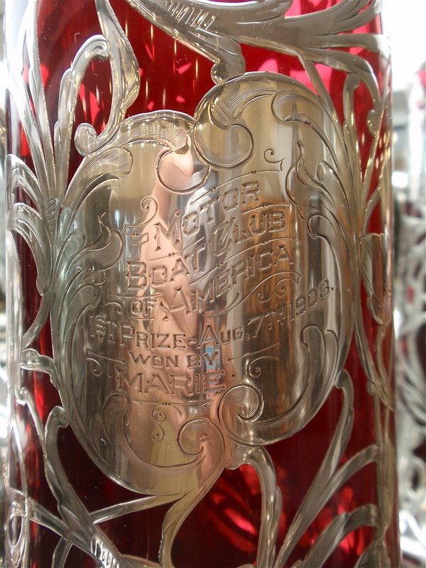 Sterling Overlay red glass motor boat club race trophy