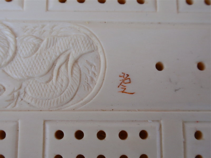 Japanese Dragon Carved Ivory Cribbage board signed