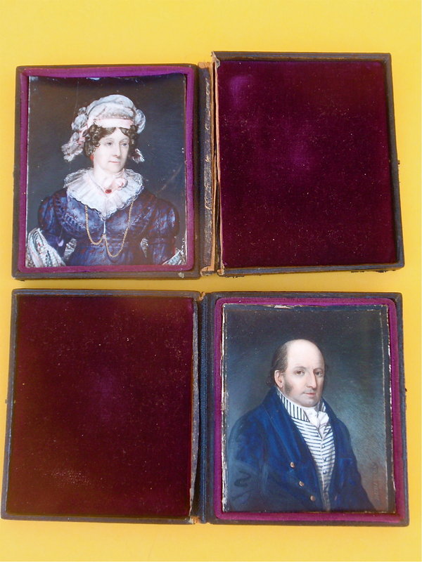 Antique Pair Portrait Miniatures oil Ivory signed 1823