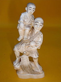 Japanese Ivory Okimono carving Man Boy turtle