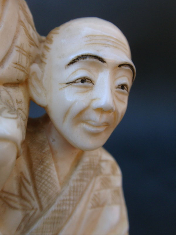 Japanese Ivory Okimono carving Man Boy turtle