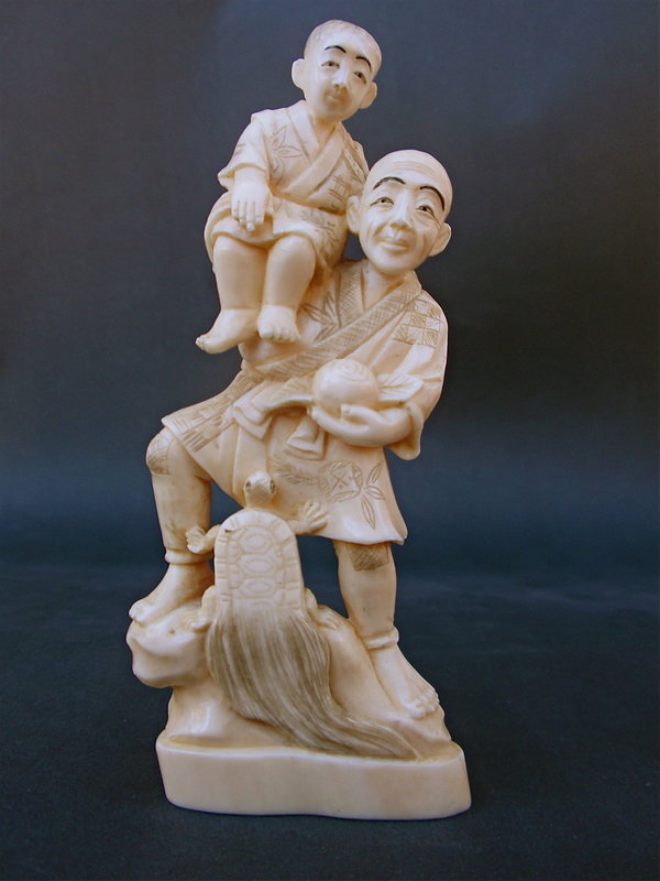 Japanese Ivory Okimono carving Man Boy turtle