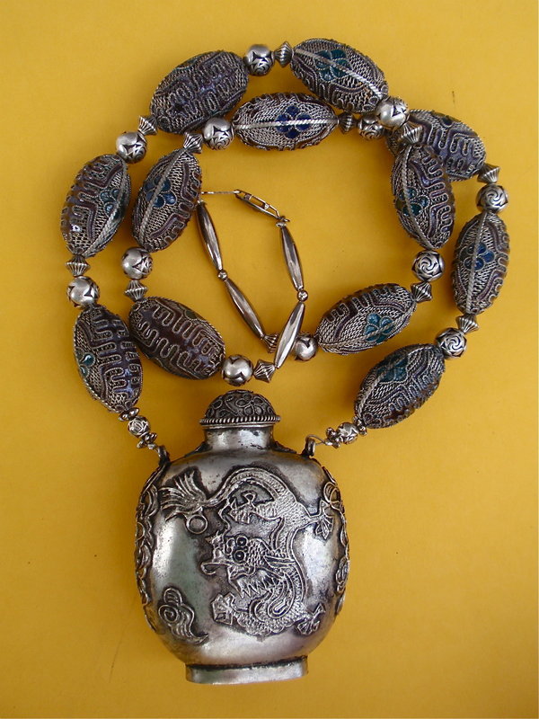 Chinese Silver Cloisonne Enamel Snuff bottle necklace