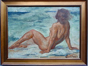 Emile Baes Nude at the Beach Original oil listed artist