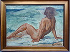 Emile Baes Nude at the Beach Original oil listed artist