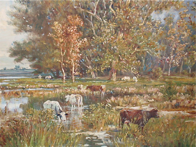 Thomas C Lindsay Landscape with cows oil painting