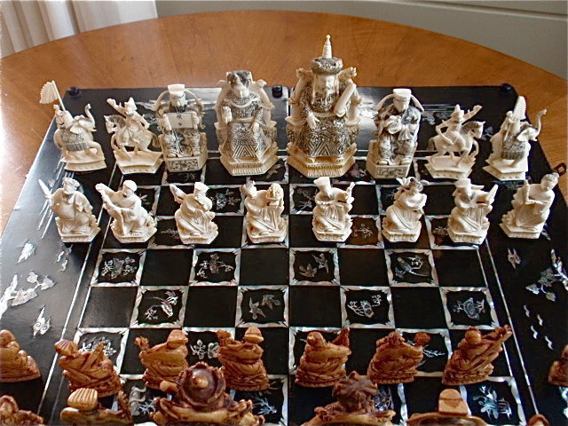 Antique Chinese carved Ivory Chess men Game Set