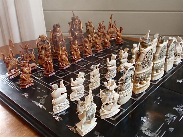 Antique Chinese carved Ivory Chess men Game Set