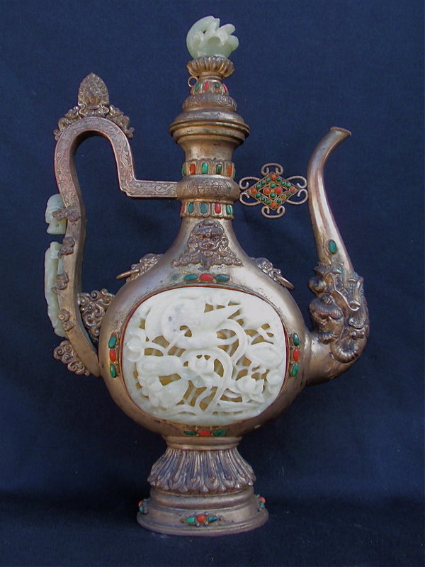 Chinese Tibetan carved white Jade  Silver tea pot