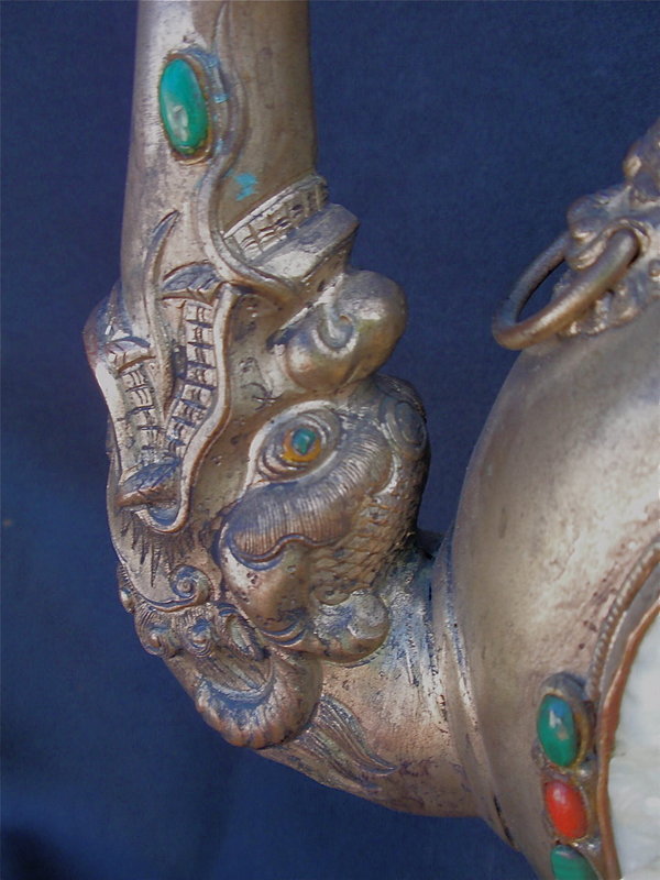 Chinese Tibetan carved white Jade  Silver tea pot