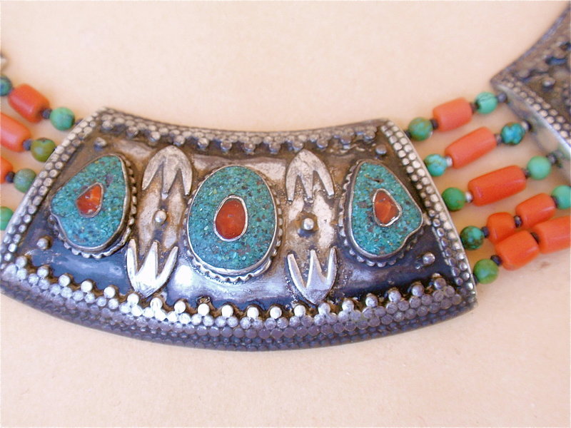 Antique Tibetan tribal Necklace turquoise coral silver