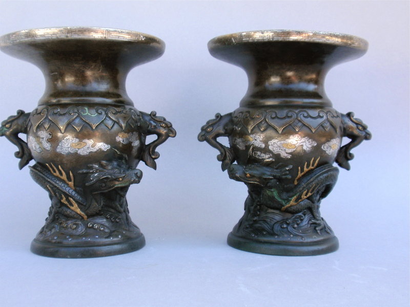 Japanese bronze &amp; Mixed metal vases Dragons