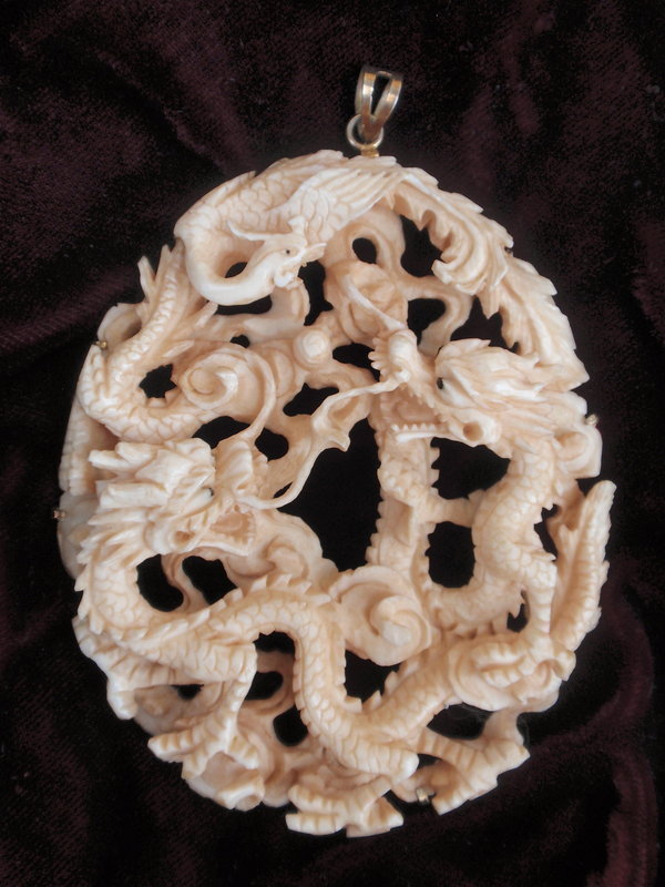 Chinese Carved Ivory dragon pendant export silver