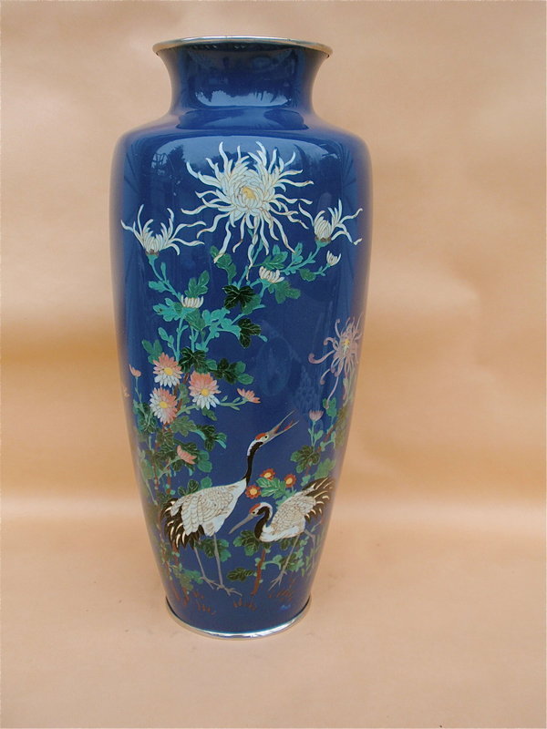 Japanese Cloisonne Vase silver wire crane flowers