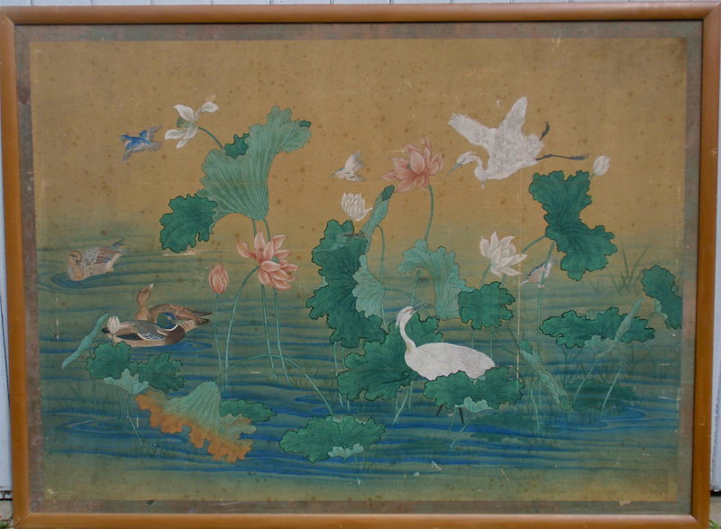 Antique Chinese Painting on silk birds lotus pond