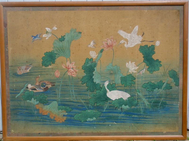 Antique Chinese Painting on silk birds lotus pond