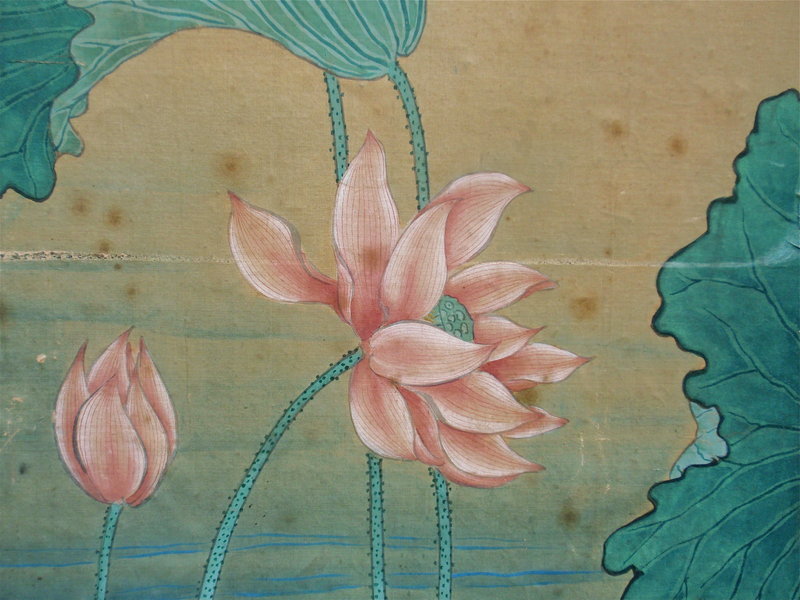 Antique Chinese Painting on silk birds lotus pond