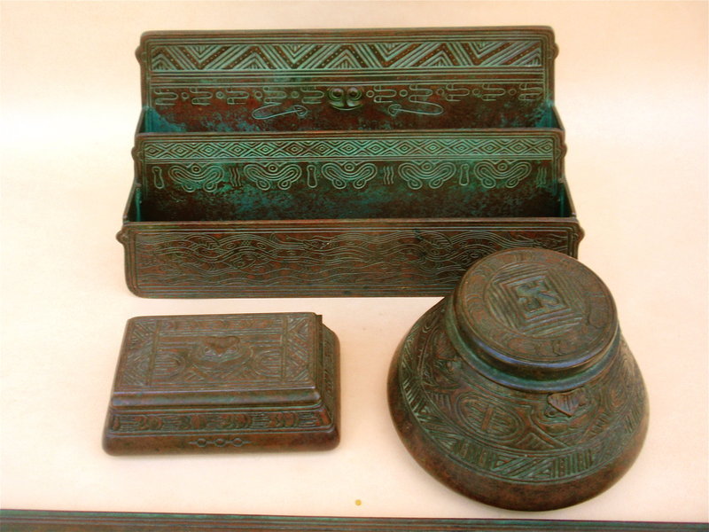 Tiffany Studios bronze Indian pattern desk set