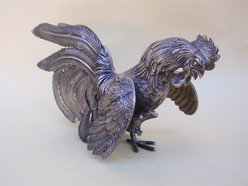 Pair Roosters Sterling silver fine sculpture