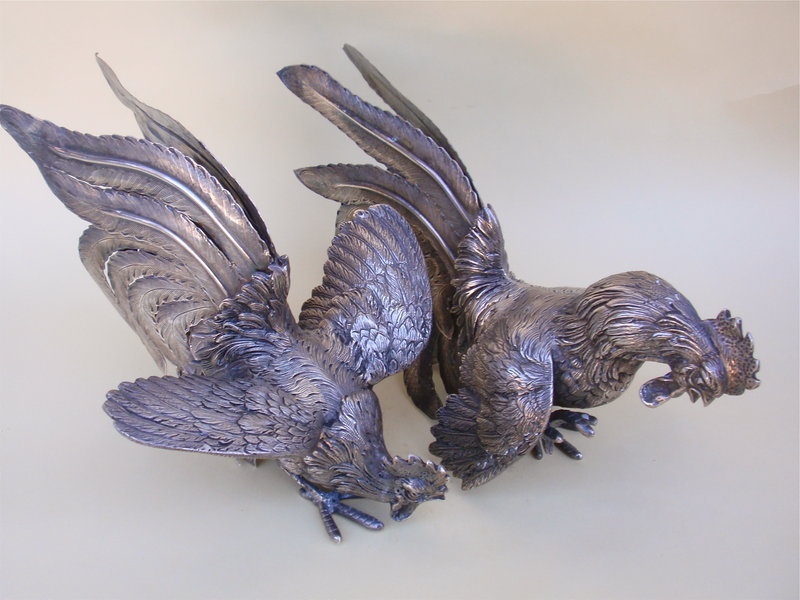 Pair Roosters Sterling silver fine sculpture
