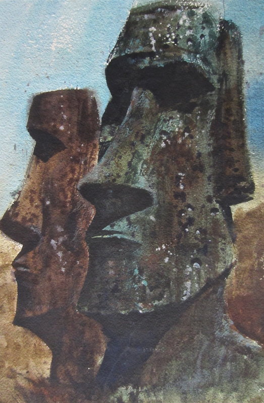 Stone Figures Easter Island Robert Daley AWS watercolor
