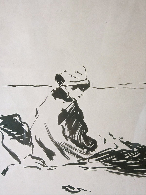 Girl by the Beach Frank Van Sloun ink and watercolor