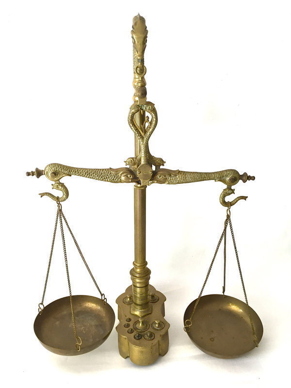 Antique Brass Balance Scale &amp; Weights Serpent Dolphin motif