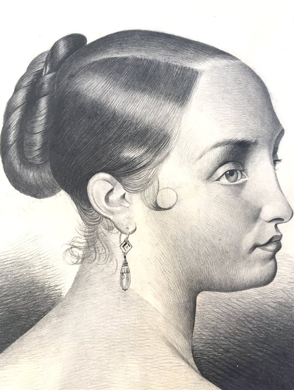 French portrait Woman master drawing c.1847 antique fine art