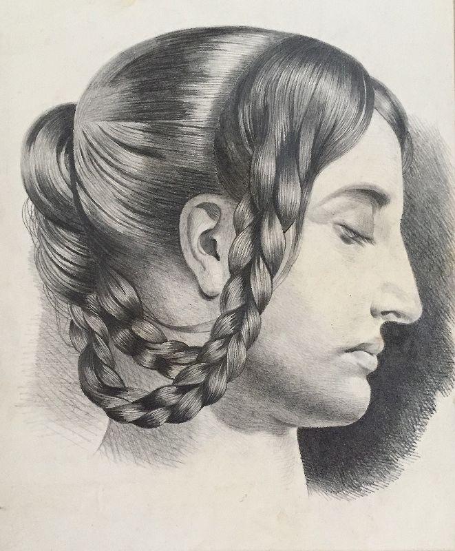 French Master drawing Woman with Braids 1847
