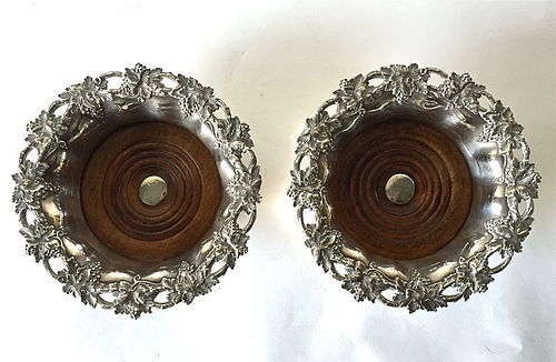 Antique Sheffield Silver Wine Coasters Pair Grape Motif