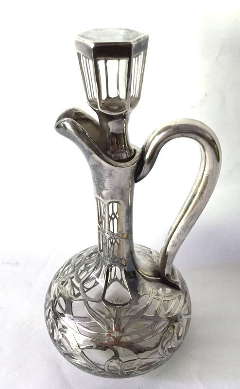Antique Sterling Silver Overlay Decanter Cut Crystal