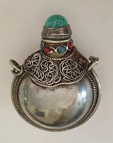 Antique Tibetan Pendant Scent bottle Silver Torquoise Coral