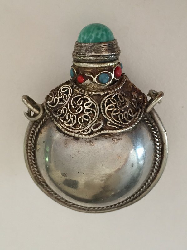 Antique Tibetan Pendant Scent bottle Silver Torquoise Coral