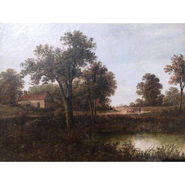 Antique Landscape Oil Painting With Cottage and Sheep