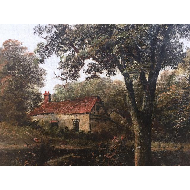 Antique Landscape Oil Painting With Cottage and Sheep
