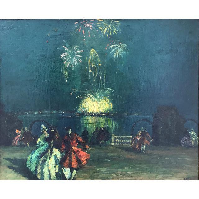 Antique French Oil Painting Bastille Day Fireworks Paris Nocturne