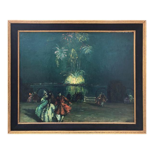 Antique French Oil Painting Bastille Day Fireworks Paris Nocturne