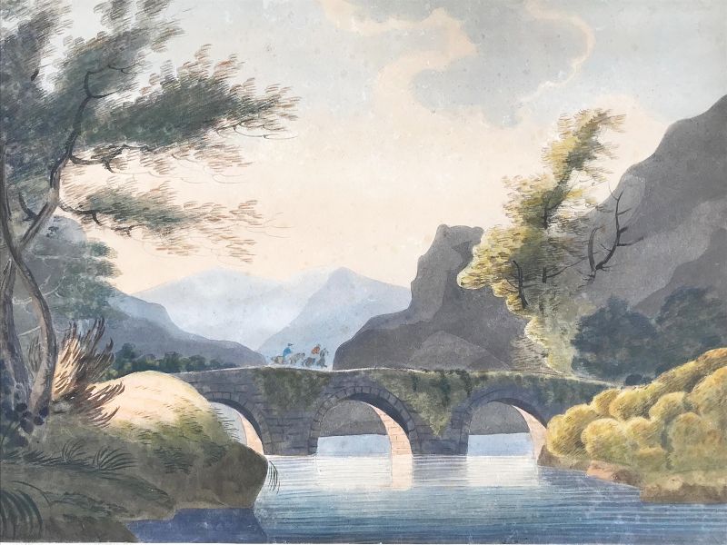 Antique 19th Century Italian Baroque Watercolor Landscape Painting