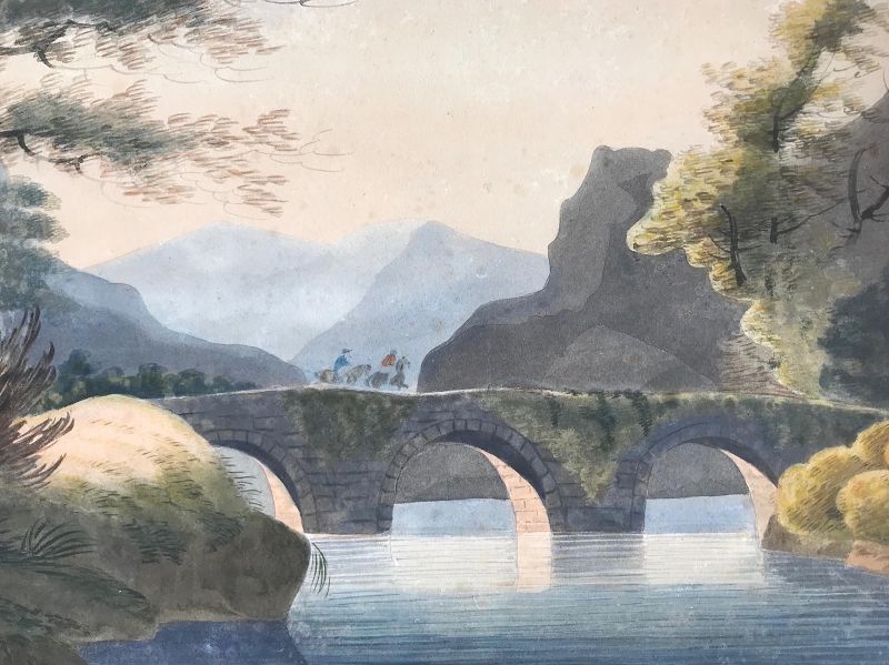 Antique 19th Century Italian Baroque Watercolor Landscape Painting
