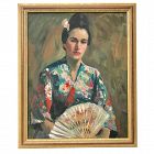 Portrait of a Woman in Kimono by Harry Barton Vintage Oil Painting